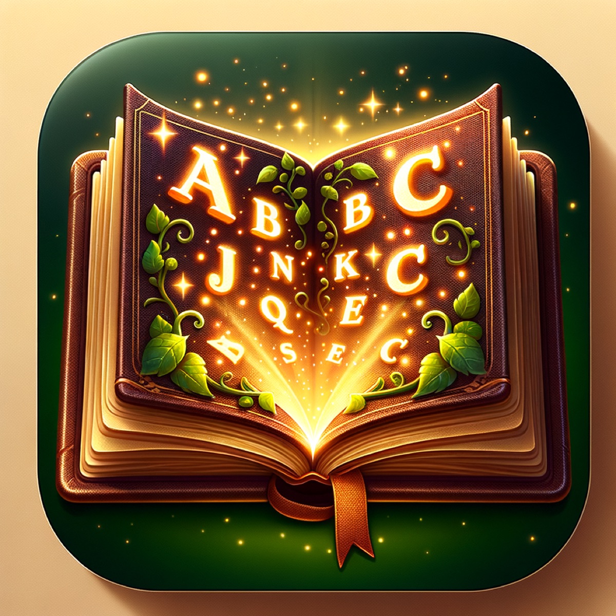 An enchanted spellbook with golden letters rising from its pages